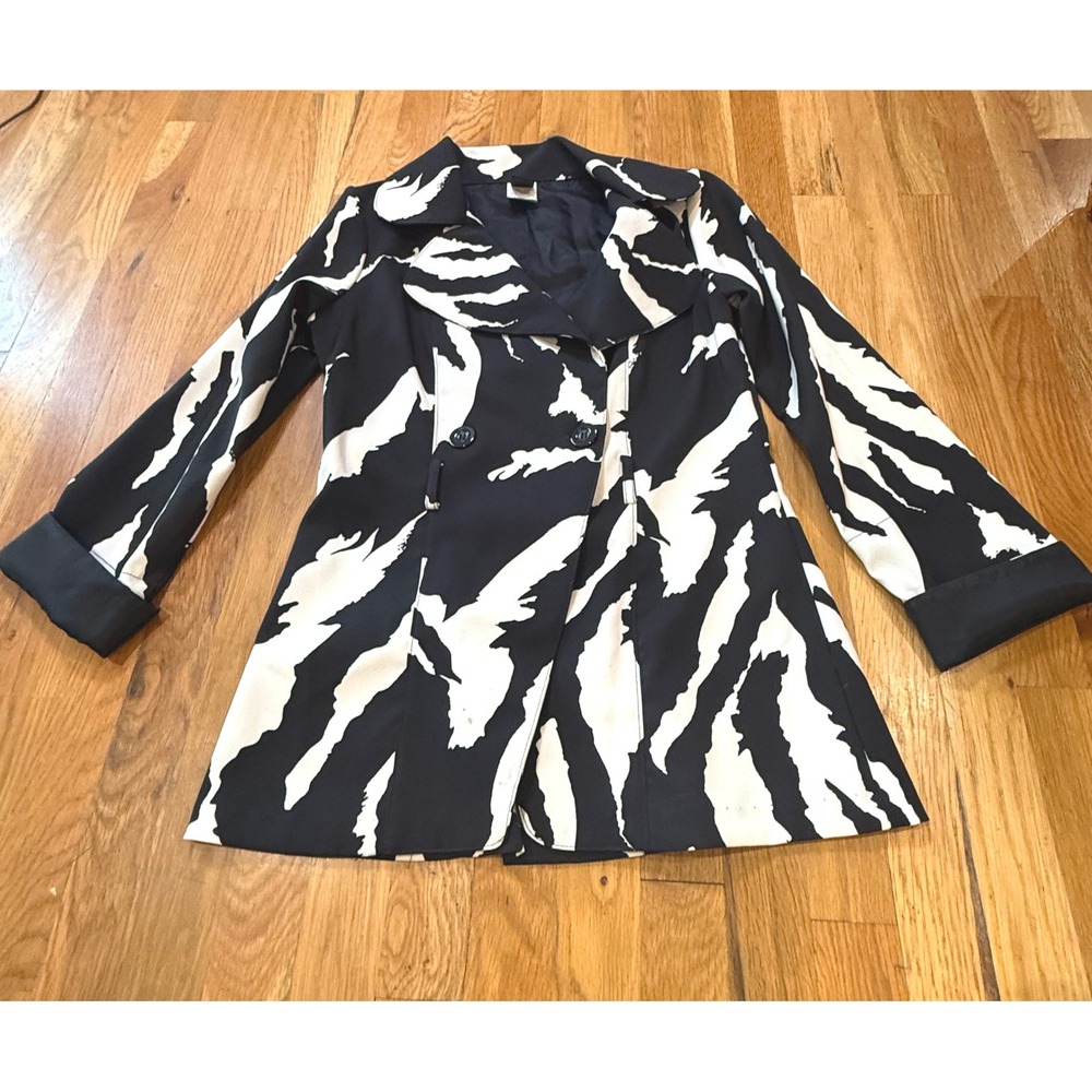 Wrapper Zebra‎ Print Double Breasted Trench Coat Black White Medium